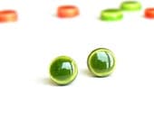 Tiny Post Earrings Forest Green Ceramic Shiny Round Hypoallergenic Unisex Porcelain Stud Earrings