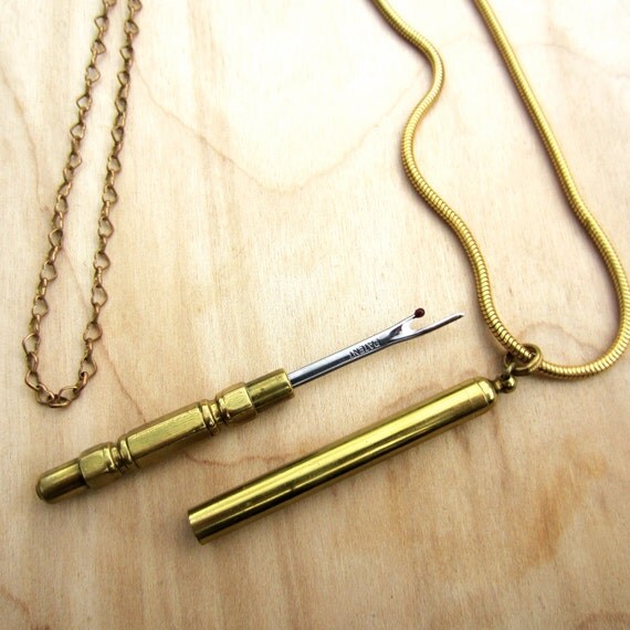 Seam Ripper Necklace Vintage Brass Stitch Ripper Pendant