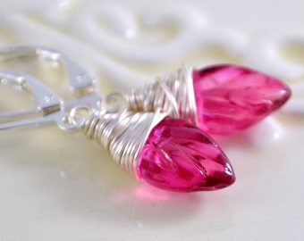 Fuchsia Earrings, Hot Pink Glass Leaves, Wire Wrapped Jewelry, Silver Plated Lever Back Earwires