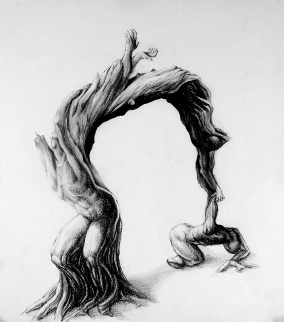 Tree people figure stretching reaching olive tree 10 x 10