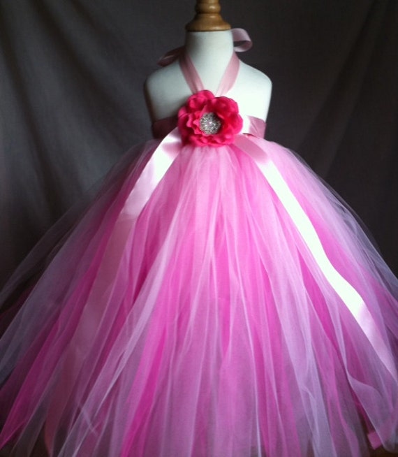 Pink and White Full TuTu dress with a crochet top adorned with