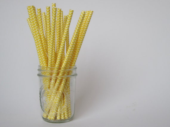 50 Yellow and White CHEVRON Paper Straw - ships less than 24 hours Il_570xn