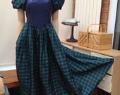 vintage TARTAN plaid maxi evening gown , bow bustle, quirky 1980s , uk size 10