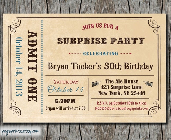 Adult Surprise Birthday Invite Admit One Ticket By Pegsprints