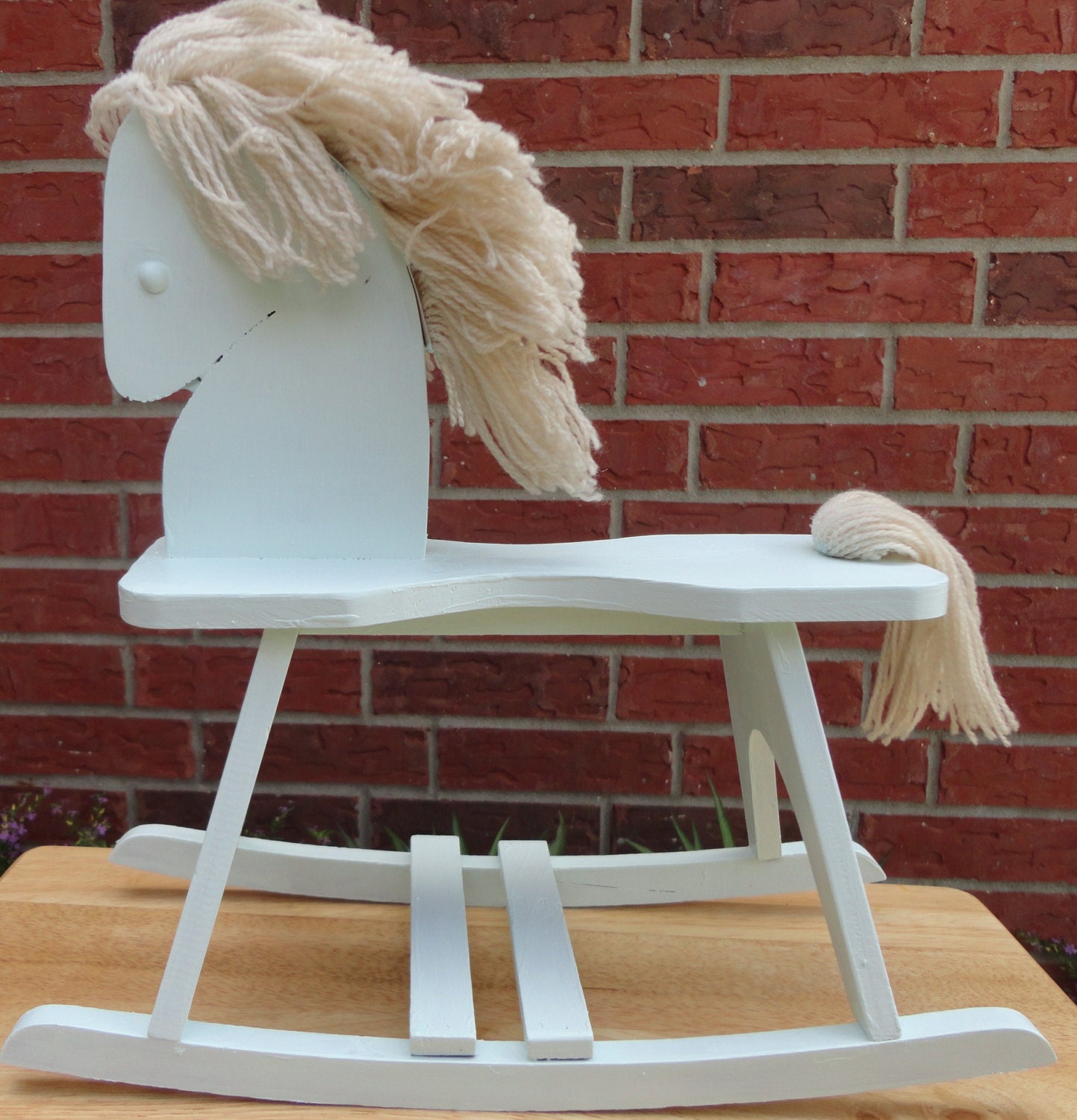 Wood Shabby Rocking Horse With Yarn Mane And Tail