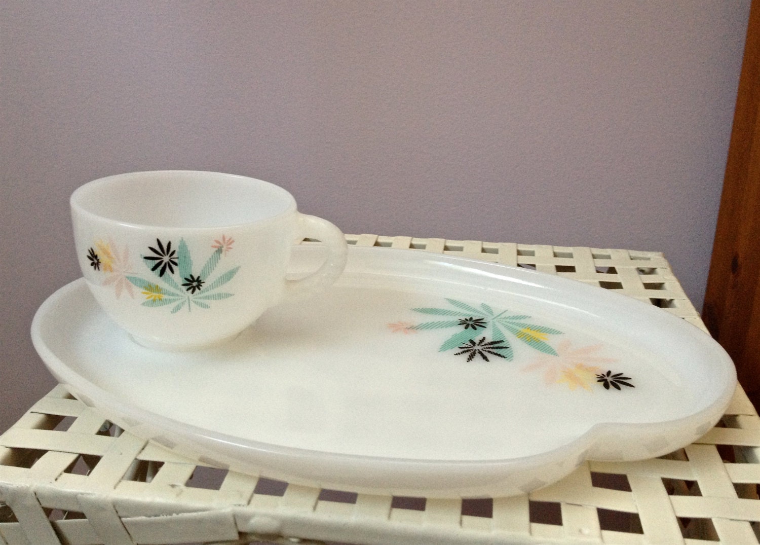 Vintage White Milk Glass Snack Set With Pink Black Yellow