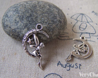 20 pcs Antique Silver Fairy Angel On Crescent Moon Charms Pendants A5330