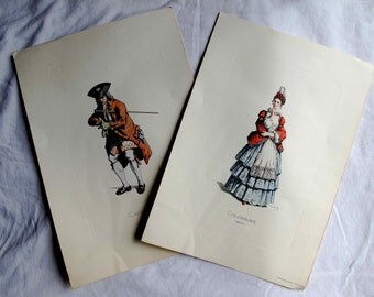 2 Italian Colored Engraving Prints on Paper of Actors Colombine and Cassandre Vintage