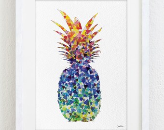 I Love Pineapple Art Watercolor Painting - 5x7 Archival Print - Yellow and Orange Colorful Art - Geometric Art Wall Decor, Kitchen Decor