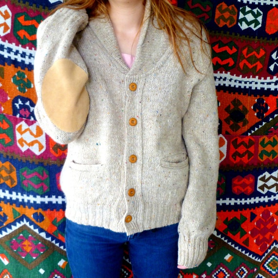 Vintage Winona Knits Button Up Wool Cardigan with Leather