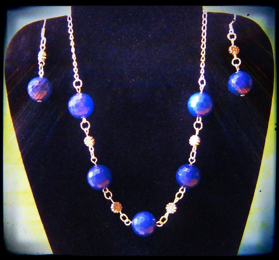 Silver Necklace and Earrings Set with Facetted Dark Blue Jade by IreneDesign2011