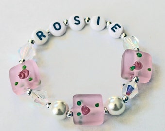 Vintage look Pink Tea Rose Valentine Bracelet Gift for little girl Pink Flowers Name Bracelet Hypoallergenic No metal Glass pearl crystals