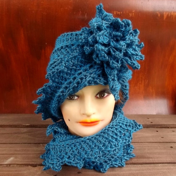 Steampunk Hat and Scarf Set - LAUREN Crochet Flower Cloche Hat with Asymmetrical Zigzag Brim and Infinity Scarf Cowl Scarf in Ocean Blue