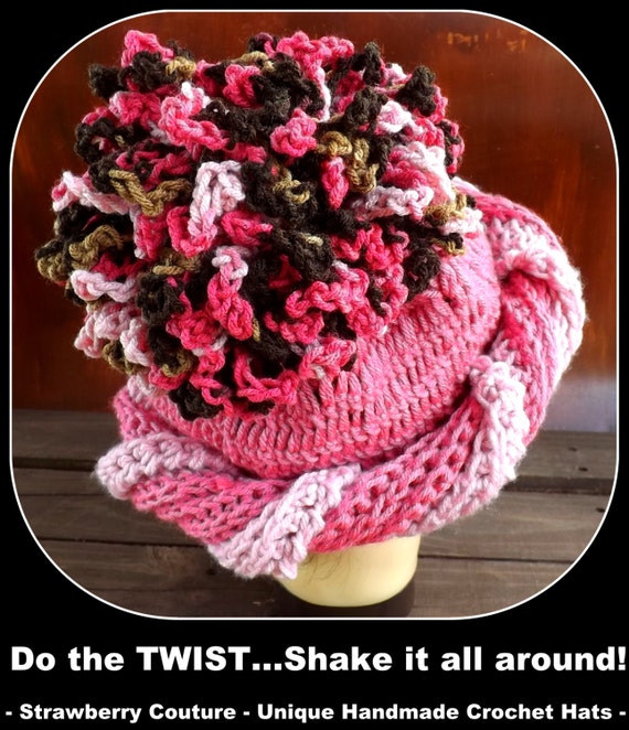 PONYTAIL Crochet Pom Pom Hat - Womens Crochet Beanie Hat - Womens Beanie Hat - Big Pom Pom Hat in Pink