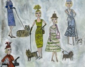 Blonde haired women in absurd little hats walking miniature dogs.  Limited edition print by Vivienne Strauss.