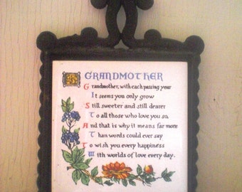 Sammyro Black Iron Trivet with Grandmother Poem on Tile
