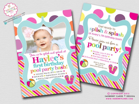 Color Splash Pool Party - Polka Dot Stripe - Birthday Party Invitation (Digital File - Printed Cards Also Available) Il_570xn