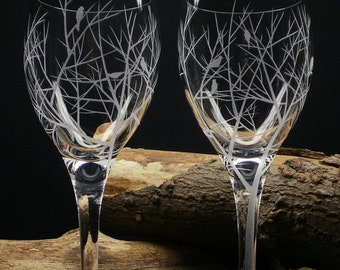 Two Wine Glasses 'Reaching Branches With Bird Silhouettes ' Hand Engraved Woodland Wedding Bird Lovers Wedding Party