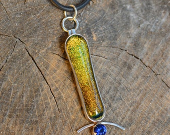 Brilliant yellow dichroic fused glass pendant, sterling silver, with sapphire