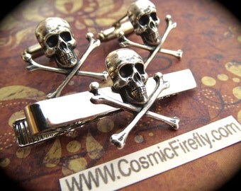 Silver Skull Cufflinks & Skull Tie Clip Men's Cufflinks Gothic Victorian Steampunk Cufflinks Pirate Cufflinks