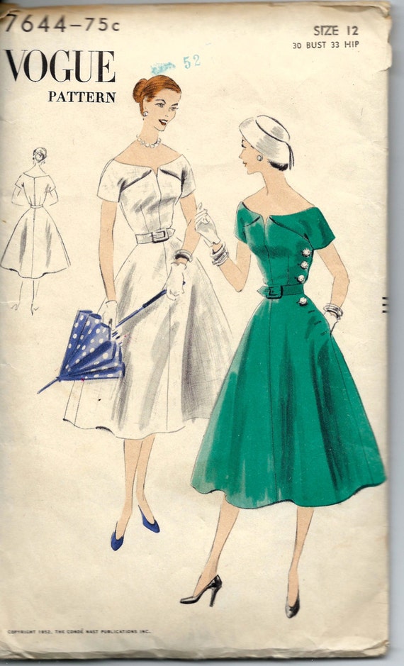Vintage 1950s Vogue 7644 Off the Shoulder Dress with Side