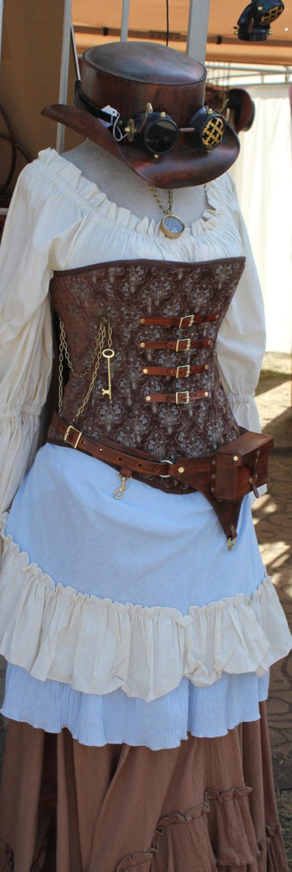 Custom Steampunk Brown and Light Blue Corset Full Outfit