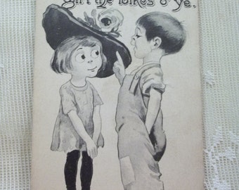 Cute Big Eyed Country Kids in Overalls and Big Hat - Vintage Postcard - 1919