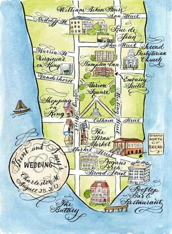 Watercolor Wedding Map Charleston by Robyn Love