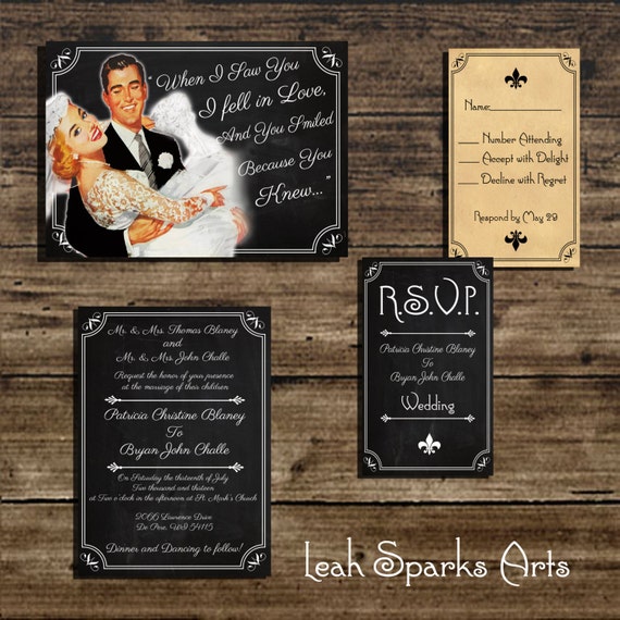 Items similar to Vintage Retro 1950 Chalkboard Comic Wedding Invitation ...
