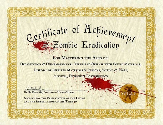 Certificate of Achievement in Zombie Eradication 8.5x11