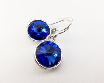 Sapphire Earrings Sterling Silver Sapphire Crystal Sapphire Birthstone Earrings September Birthday Dangle Drop Earrings