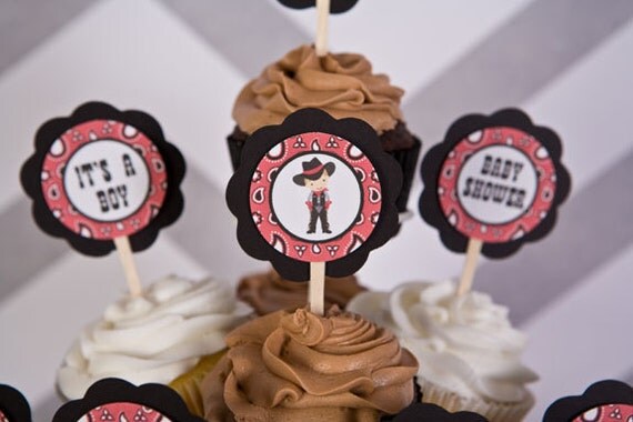 Cowboy Theme Cupcake Toppers, Western Theme Baby Shower Decorations in Red & Black (12) Il_570xn