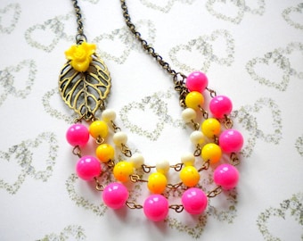Flower Necklace Yellow Necklace Colorful Necklace Yellow Wedding Jewelry Hot Pink Necklace Summer Statement Necklace Yellow Flower Necklace