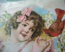 Young Girl in Pink with Cardinal and Blossoms Lithograph by Hazel Pearson Handicrafts - il_214x170.422323954_owcl