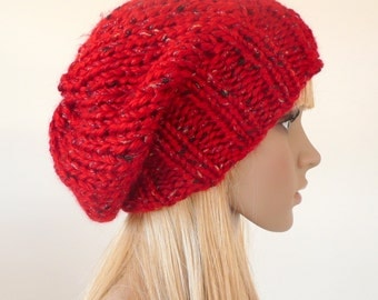 Red Slouchy Hat Beanie Red Knit hat - Red beanie - Slouch beanie unisex