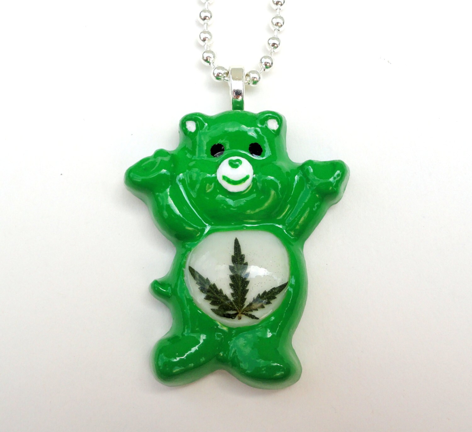REAL MARIJUANA LEAF Stoner Bear Care Bears Resin Pendant