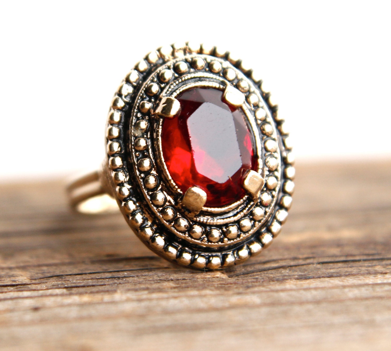 Vintage Red Stone Ring Adjustable Gold Tone by MaejeanVintage