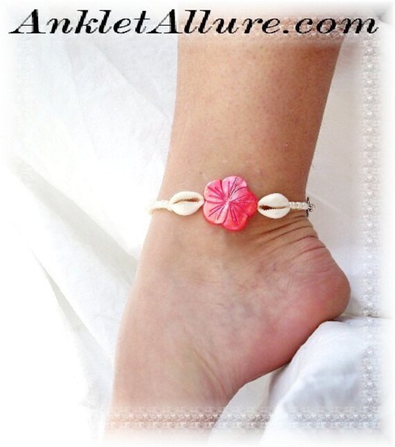 Island Girl Shell Pink Hibiscus Anklet Hawaiian Flower Ankle