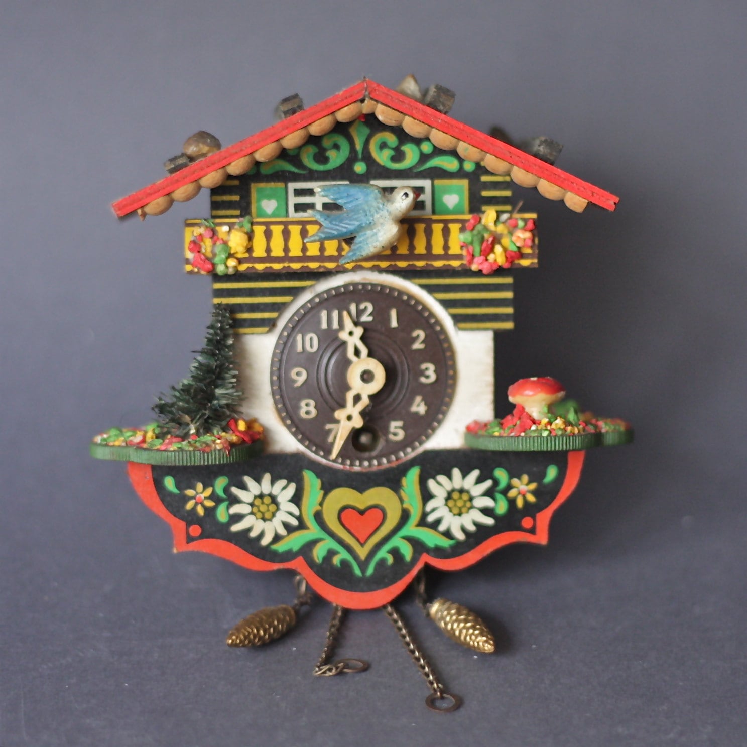 Vintage German Cuckoo Clock With Tiny Toadstool and Edelweiss