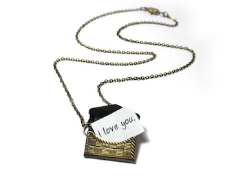 envelope locket necklace brass copper retro heart