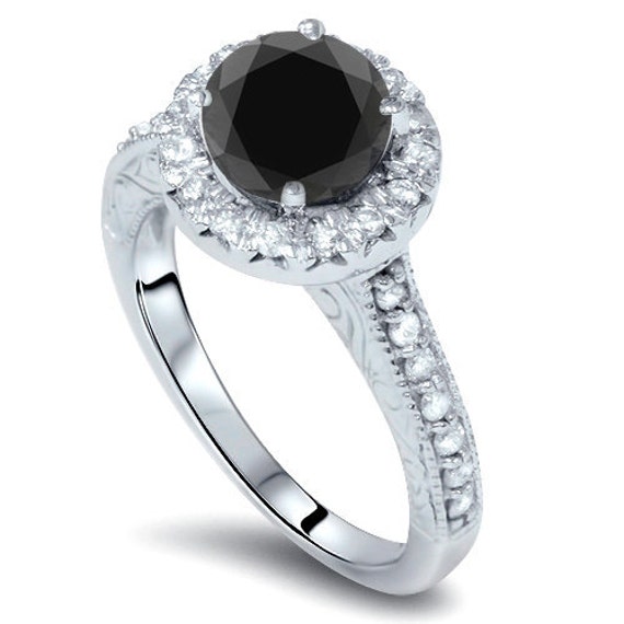 75CT Black Diamond Vintage Engagement Ring Hand Engraved Antique ...