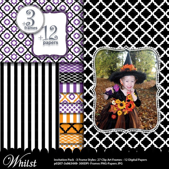 SALE Halloween digital paper frame clip art, black orange purple background circle frame photo : p0207 3s063449C IP Il_570xn