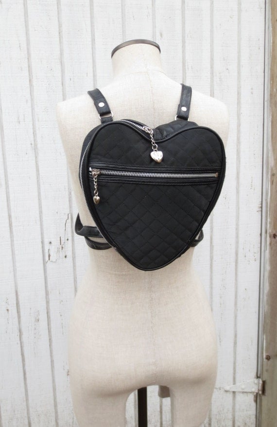VIntage 90&#39;s Mini Backpack Purse Black Quilted Heart Bag