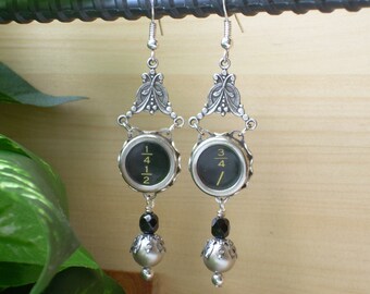 Typewriter Key Earrings ~ Fractions ~ Swarovski Platinum Pearls Czech Glass Beads