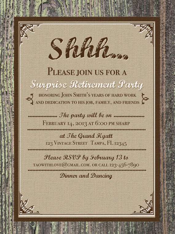 Printable Burlap Vintage Invitation Retirement Birthday or