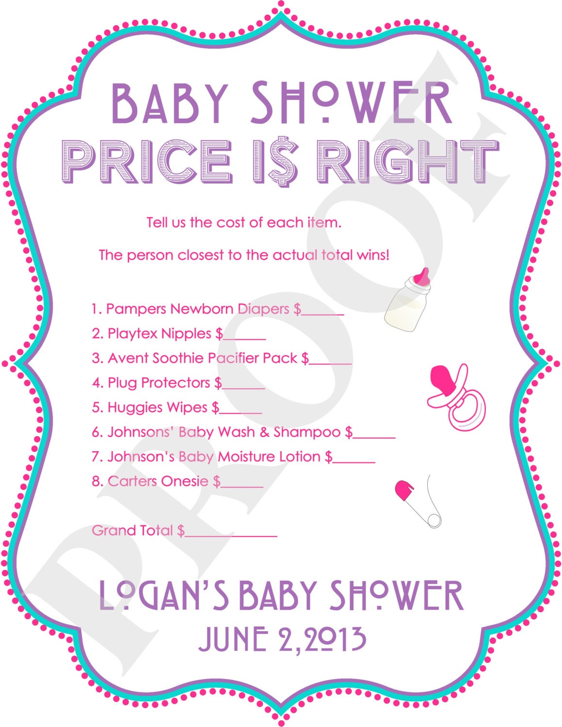 Printable Baby Shower Price is Right Game JPEG FILE