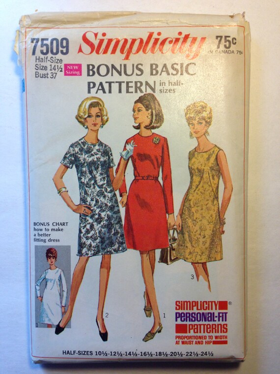 Simplicity Sewing Pattern 7509 60s Misses Bonus Basic Dress in Half Sizes Sale