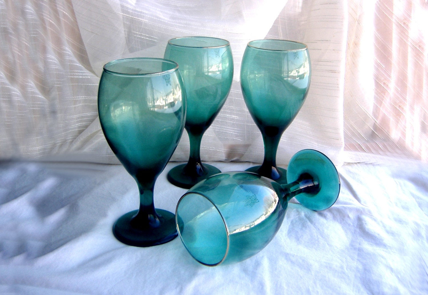 4 vintage teal green glass wine glasses goblets by VauntyVictorian