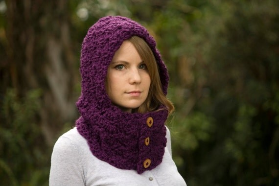 crochet pattern crochet neck hoodie hooded button cowl warmer Cowl, Warmer Neck Hooded Crochet Hoodie, Button with Purple Eggplant