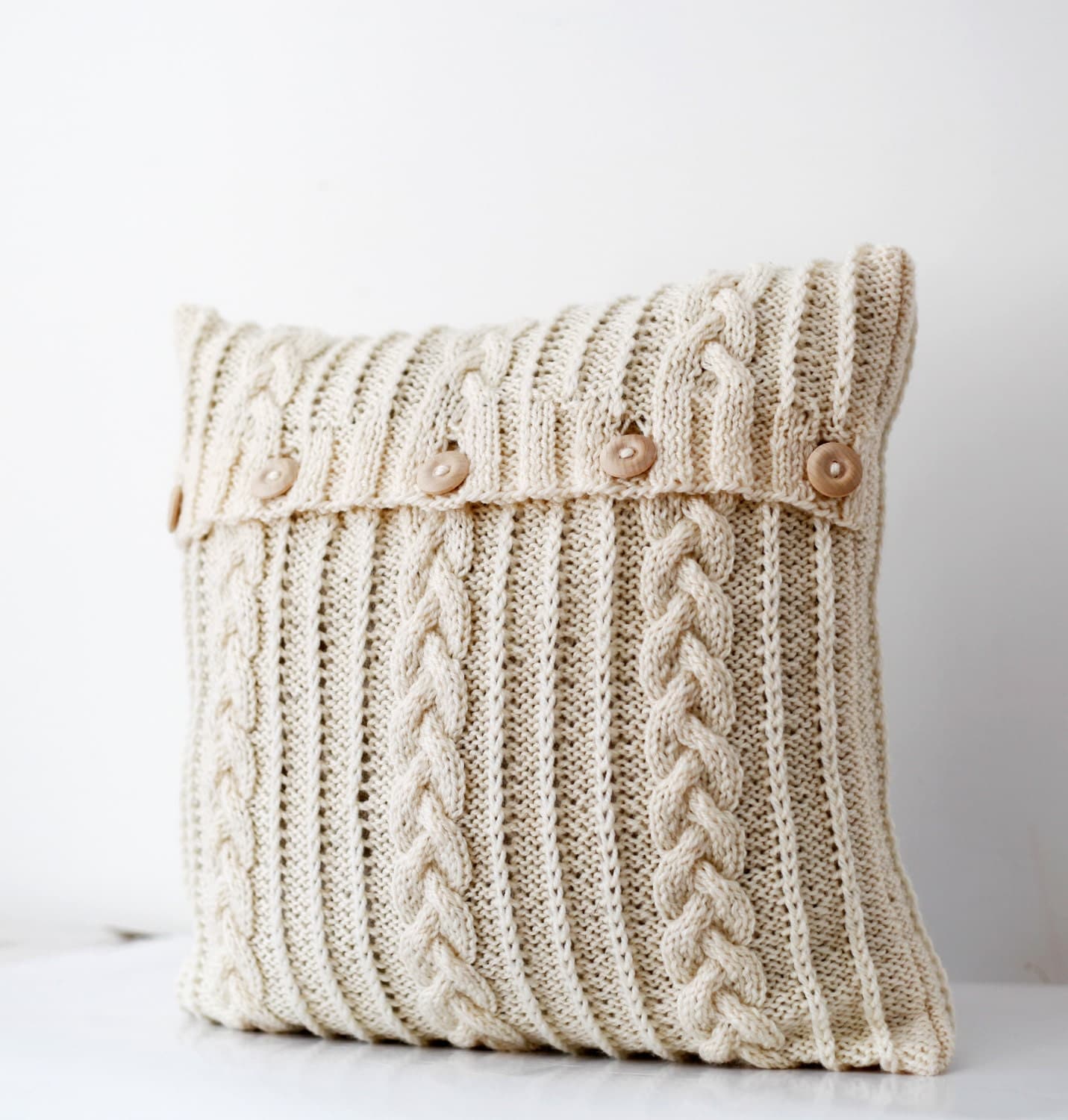 Cable hand knitted pillow wool cover milk white decorative
